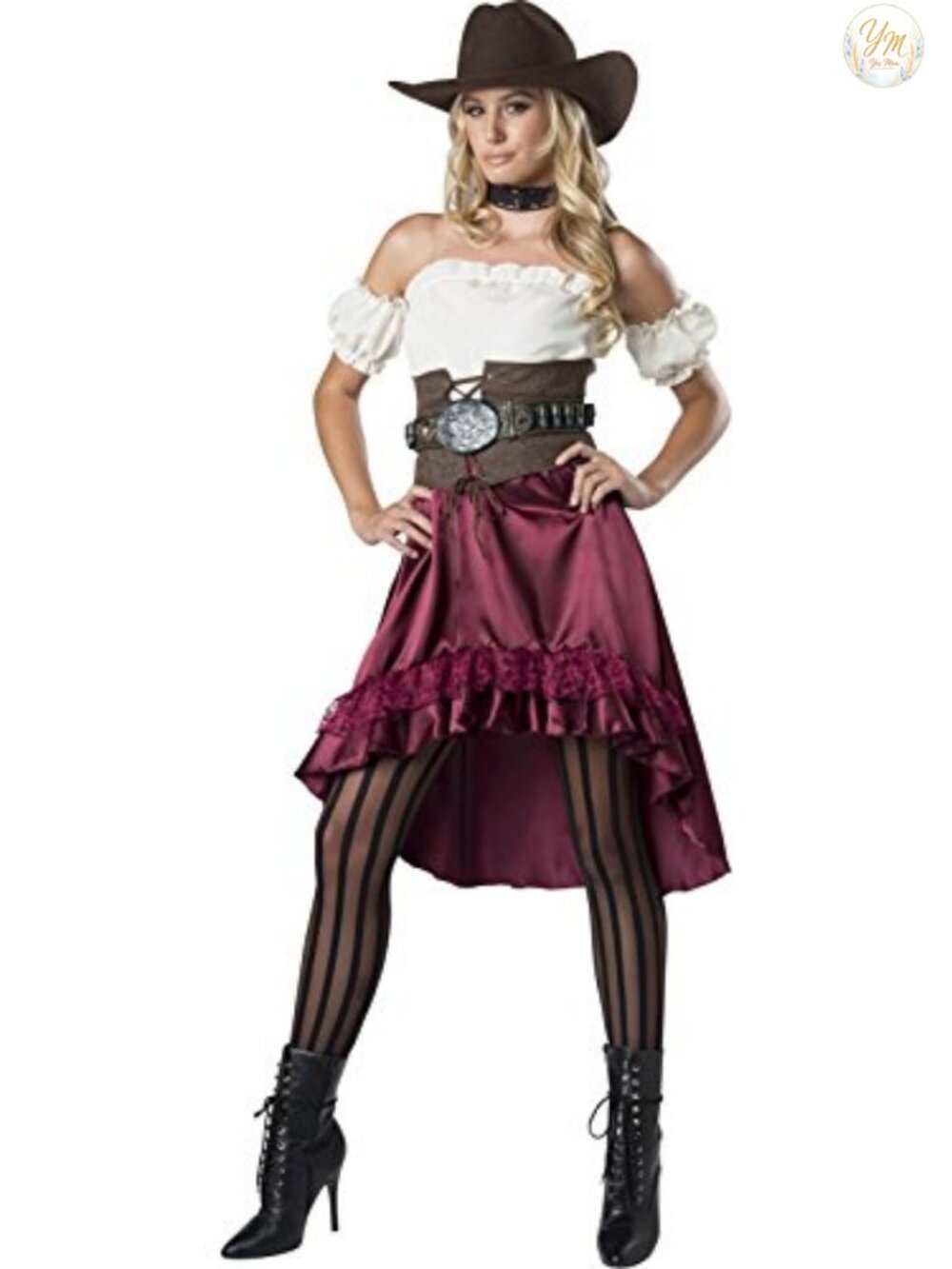 Saloon Gal Costume Dress Sleevelets Waist Cincher Stockings Belt X-Large